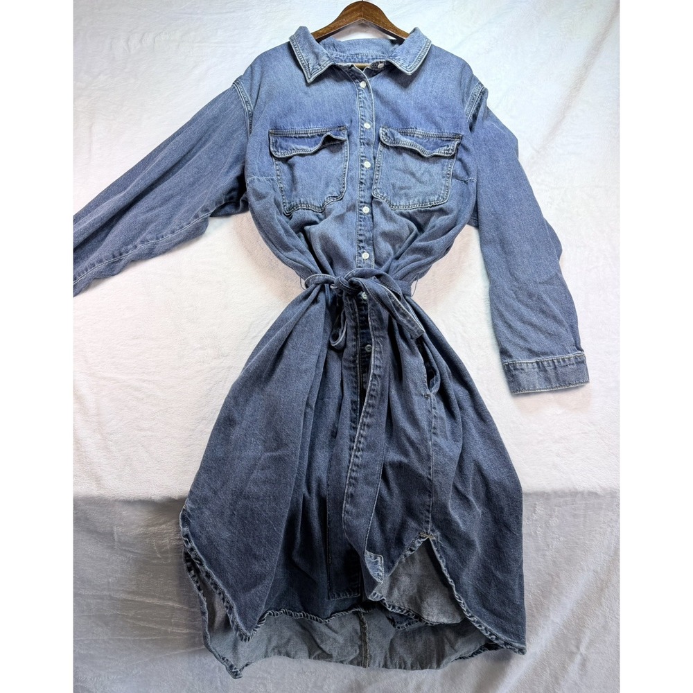 Ava & Viv Womens Plus 3X Denim Shirt Dress Long Sleeve Tie Waist Hi Low Pockets